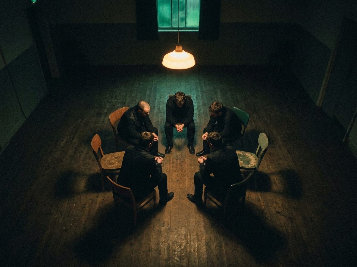 A small circle of people in a dim hall, seen from above.