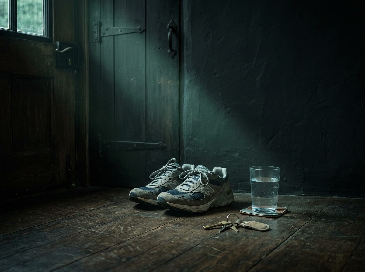 Running shoes, a glass of water and keys by a door at dawn.