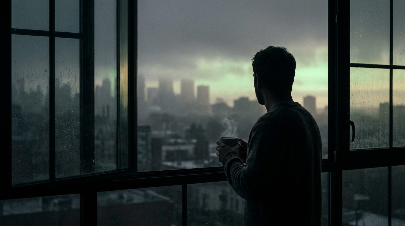 A person at a window at first light, holding a warm mug.